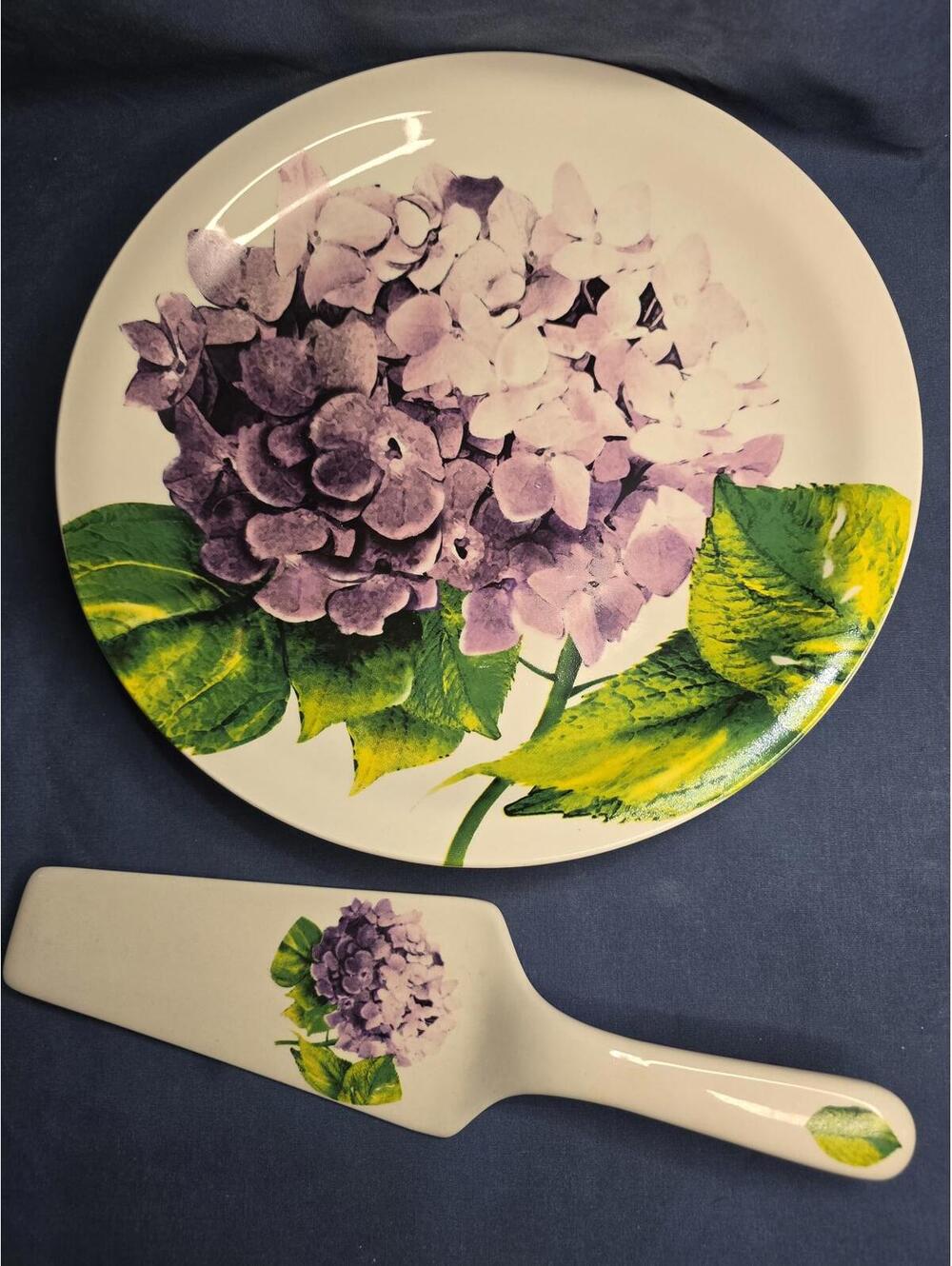 Vintage WCL Floral Cake Plate and Server Set with Purple Hydrangea - 10 1/2"